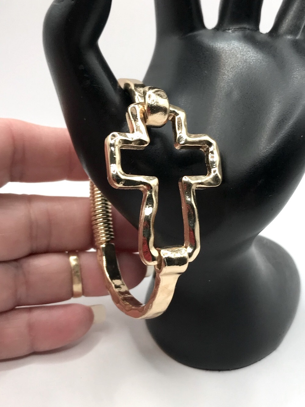 Hammered Textured Gold-Tone Cross Cuff Bracelet